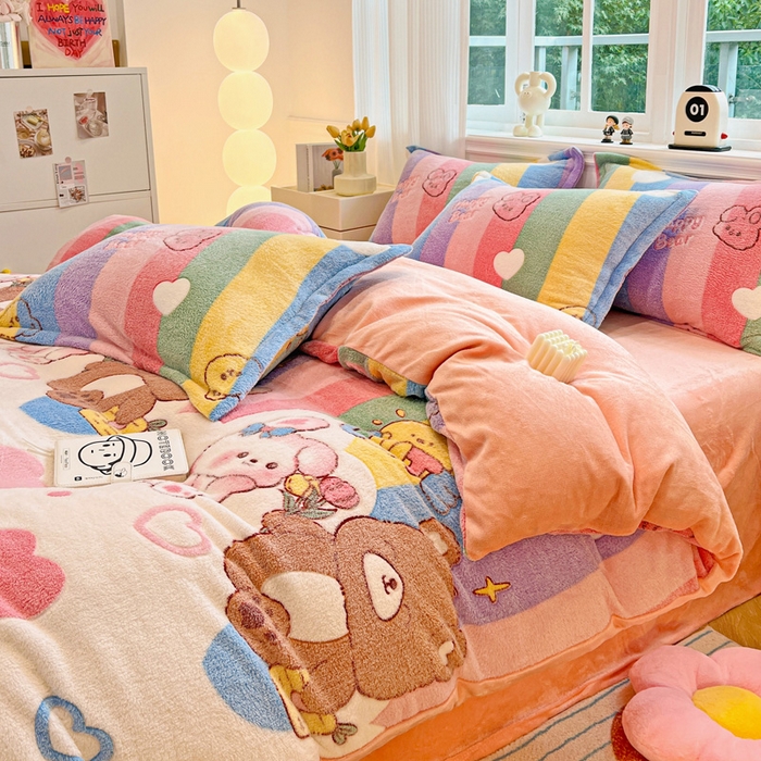 91家纺网 家纺一手货源 找家纺 韩巢家纺 2025新款高克重雪花绒牛奶绒四件套 七彩