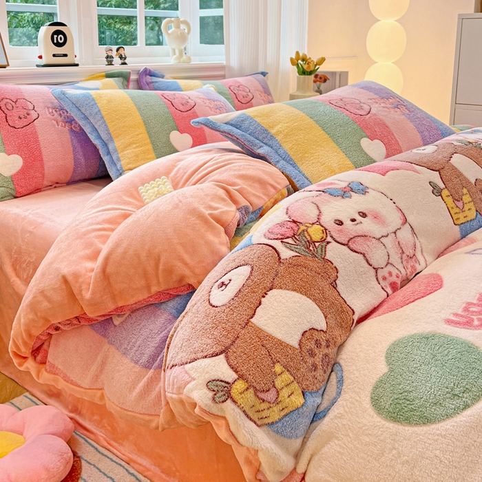 91家纺网 家纺一手货源 找家纺 韩巢家纺 2025新款高克重雪花绒牛奶绒四件套 七彩