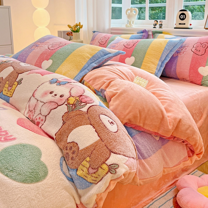 91家纺网 家纺一手货源 找家纺 韩巢家纺 2025新款高克重雪花绒牛奶绒四件套 七彩