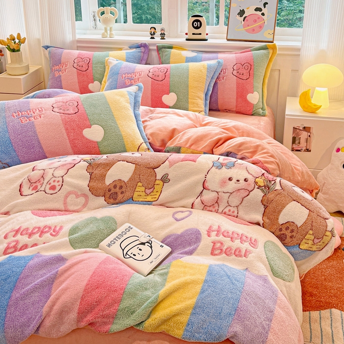 91家纺网 家纺一手货源 找家纺 韩巢家纺 2025新款高克重雪花绒牛奶绒四件套 七彩