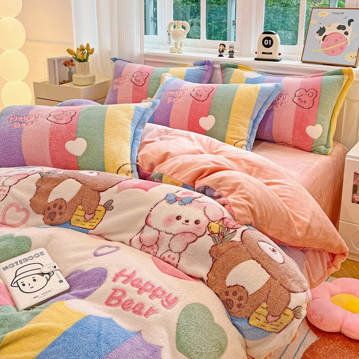 91家纺网 家纺一手货源 找家纺 韩巢家纺 2025新款高克重雪花绒牛奶绒四件套 七彩