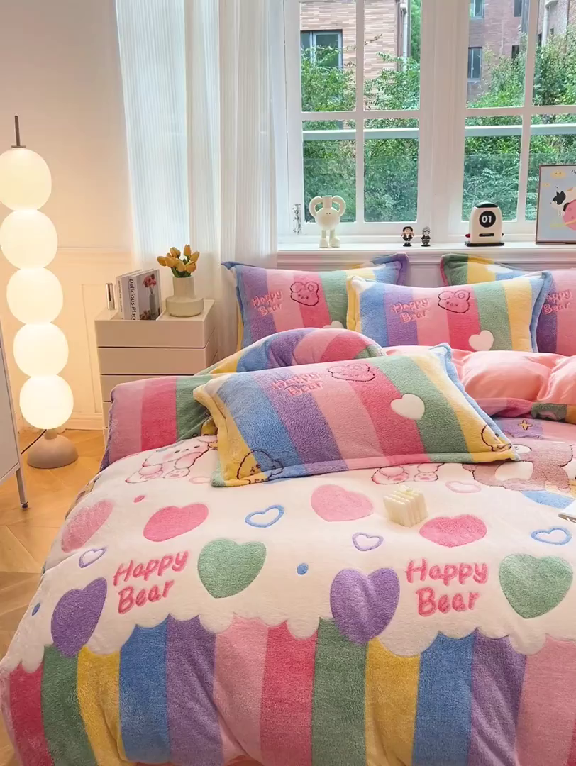 91家纺网 家纺一手货源 找家纺 韩巢家纺 2025新款高克重雪花绒牛奶绒四件套 七彩