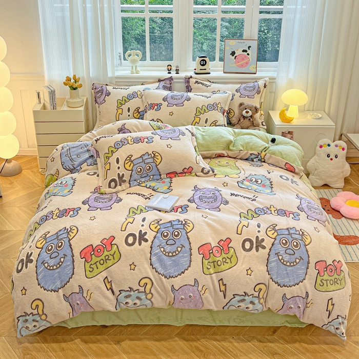 91家纺网 家纺一手货源 找家纺 韩巢家纺 2025新款高克重雪花绒牛奶绒四件套 小怪兽