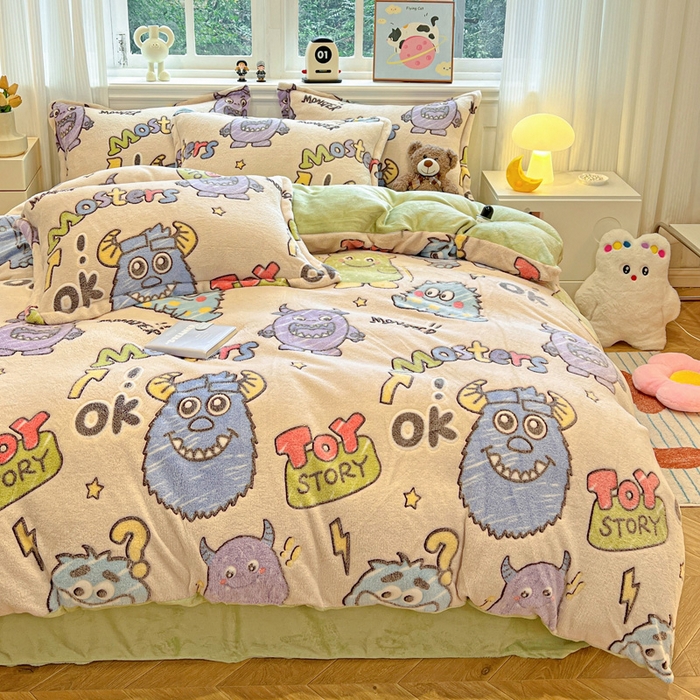 91家纺网 家纺一手货源 找家纺 韩巢家纺 2025新款高克重雪花绒牛奶绒四件套 小怪兽