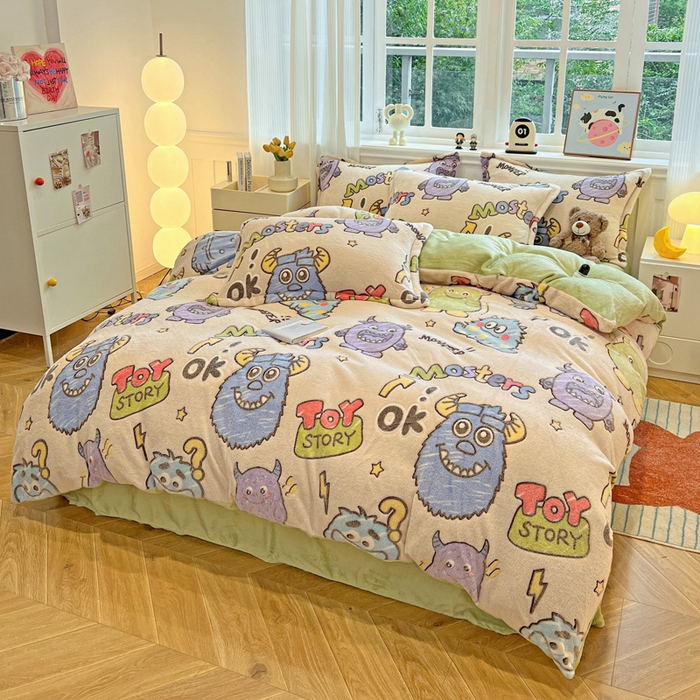 91家纺网 家纺一手货源 找家纺 韩巢家纺 2025新款高克重雪花绒牛奶绒四件套 小怪兽