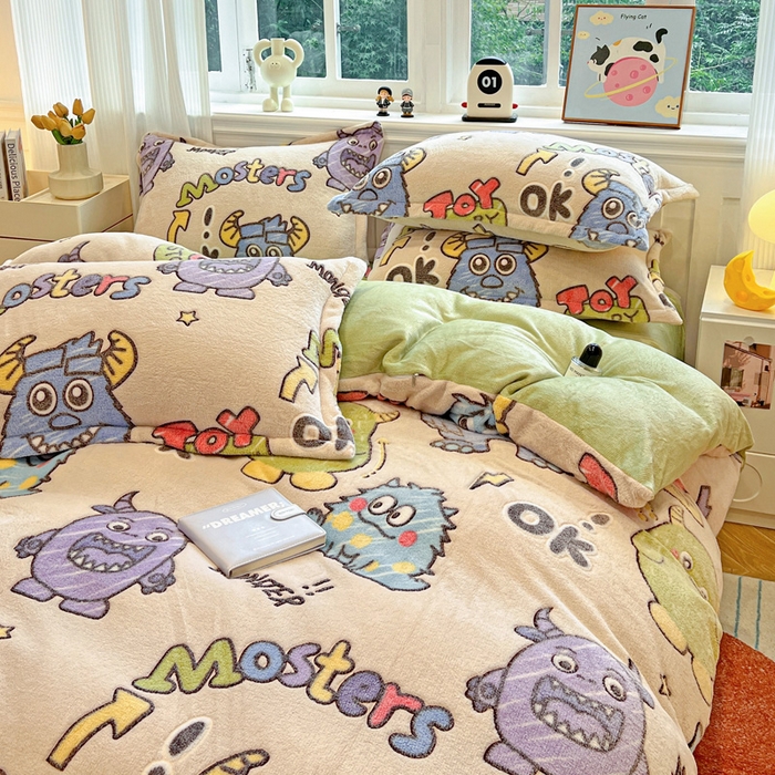 91家纺网 家纺一手货源 找家纺 韩巢家纺 2025新款高克重雪花绒牛奶绒四件套 小怪兽