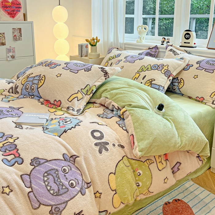 91家纺网 家纺一手货源 找家纺 韩巢家纺 2025新款高克重雪花绒牛奶绒四件套 小怪兽