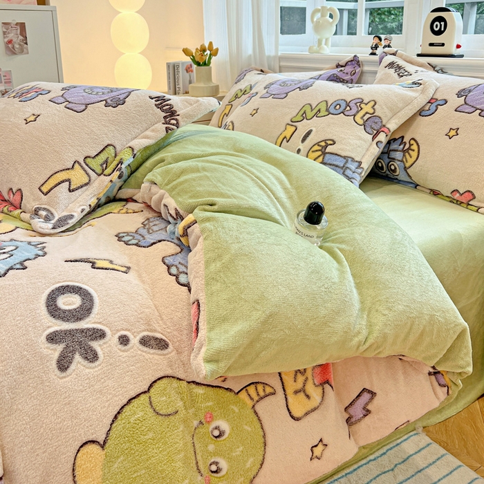 91家纺网 家纺一手货源 找家纺 韩巢家纺 2025新款高克重雪花绒牛奶绒四件套 小怪兽