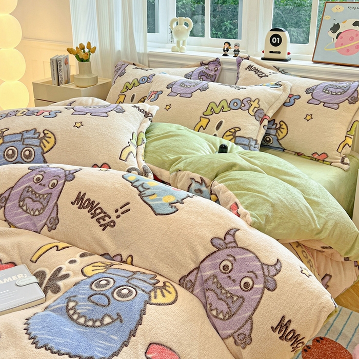 91家纺网 家纺一手货源 找家纺 韩巢家纺 2025新款高克重雪花绒牛奶绒四件套 小怪兽