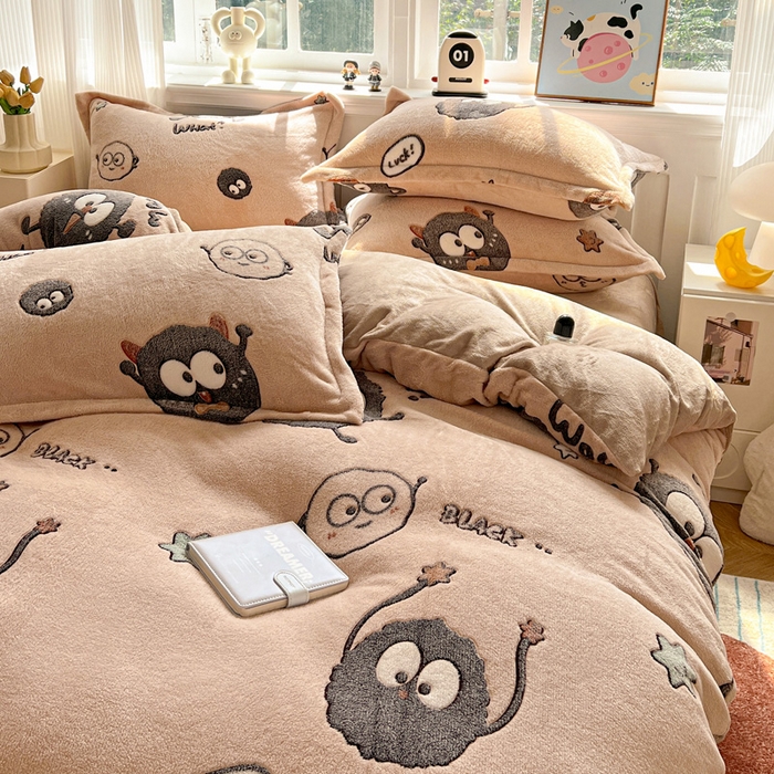 91家纺网 家纺一手货源 找家纺 韩巢家纺 2025新款高克重雪花绒牛奶绒四件套 小煤球