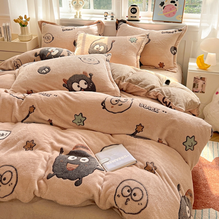 91家纺网 家纺一手货源 找家纺 韩巢家纺 2025新款高克重雪花绒牛奶绒四件套 小煤球