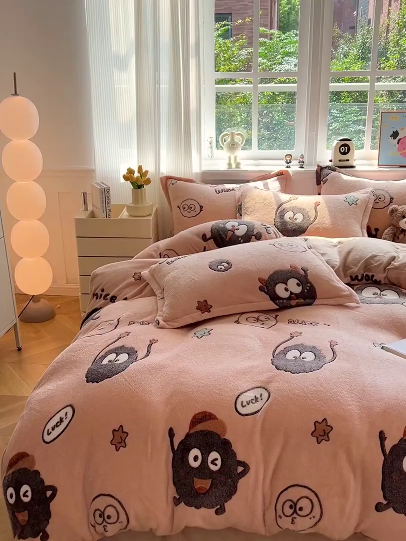 91家纺网 家纺一手货源 找家纺 韩巢家纺 2025新款高克重雪花绒牛奶绒四件套 小煤球