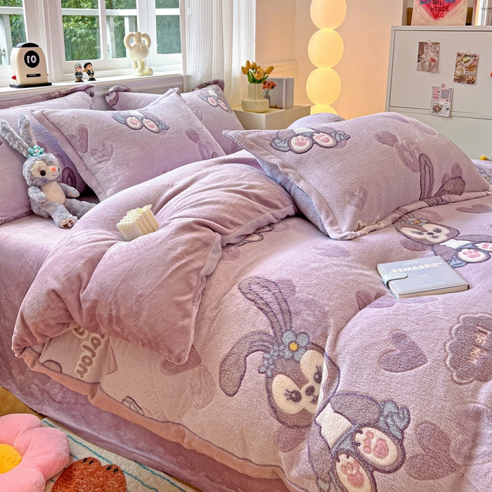 91家纺网 家纺一手货源 找家纺 韩巢家纺 2025新款高克重雪花绒牛奶绒四件套 幸运兔