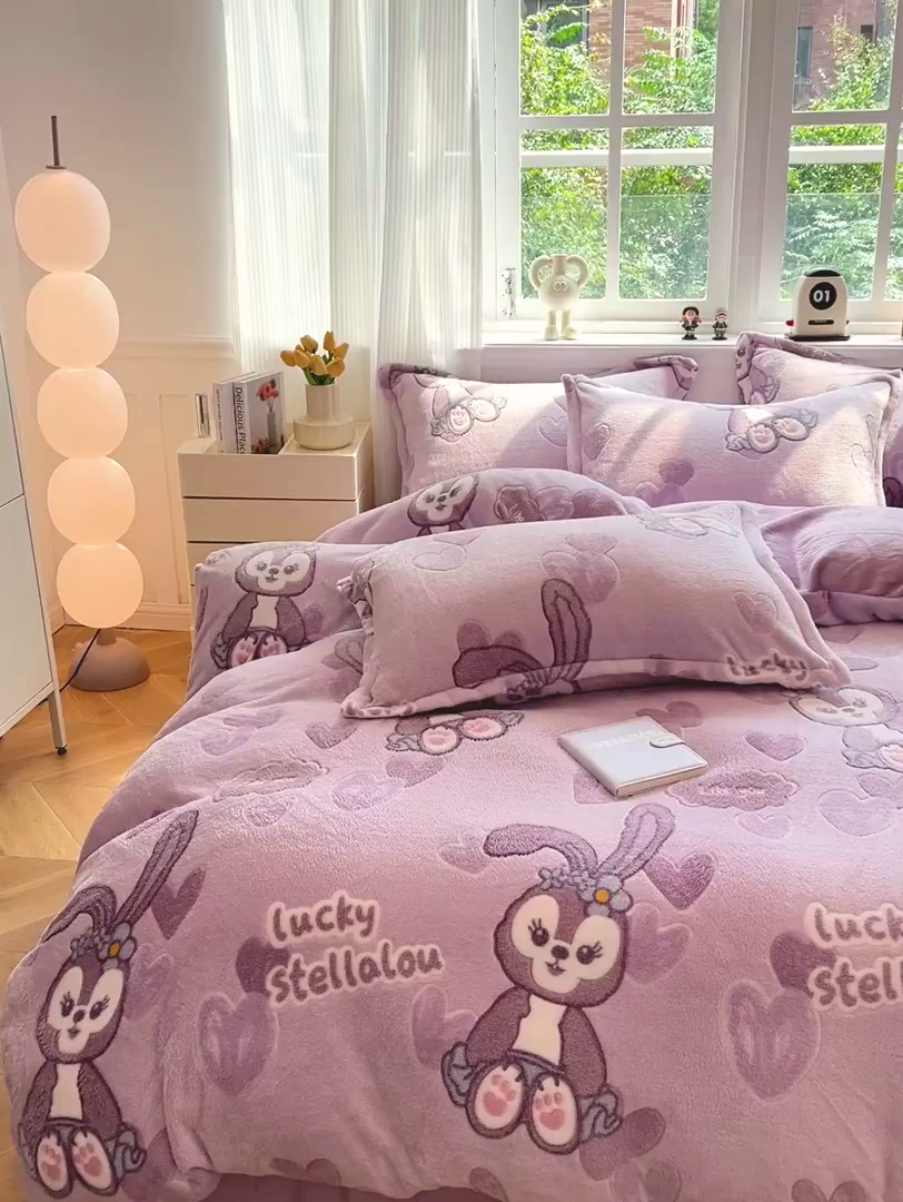 91家纺网 家纺一手货源 找家纺 韩巢家纺 2025新款高克重雪花绒牛奶绒四件套 幸运兔