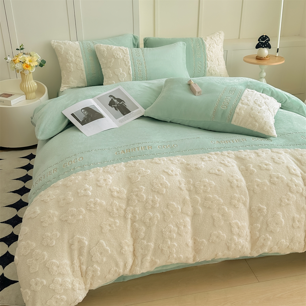 91家纺网 家纺一手货源 找家纺 灰鲸 2025新款牛奶绒拼接刺绣四件套-安娜 安娜-抹茶绿