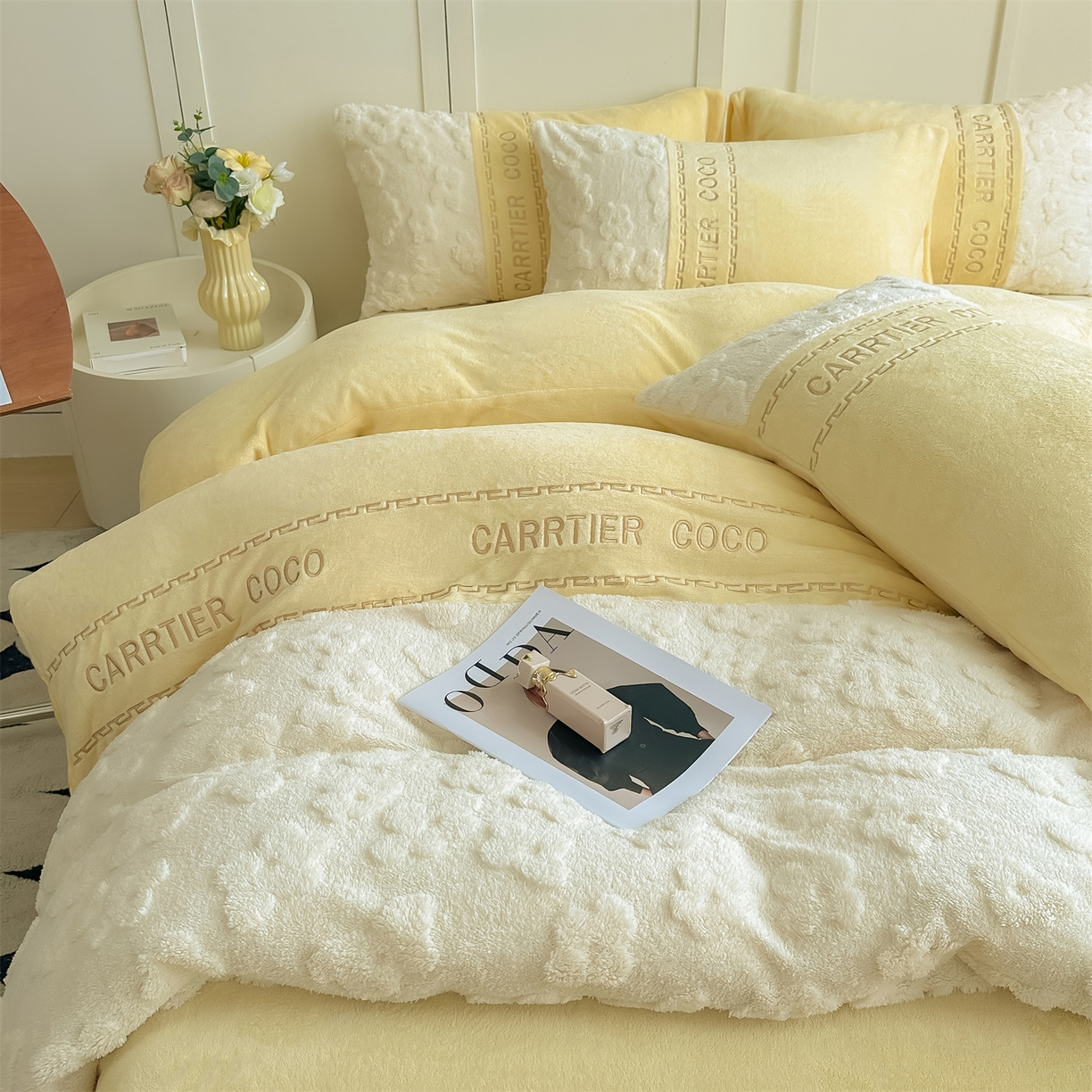 91家纺网 家纺一手货源 找家纺 灰鲸 2025新款牛奶绒拼接刺绣四件套-安娜 安娜-奶黄