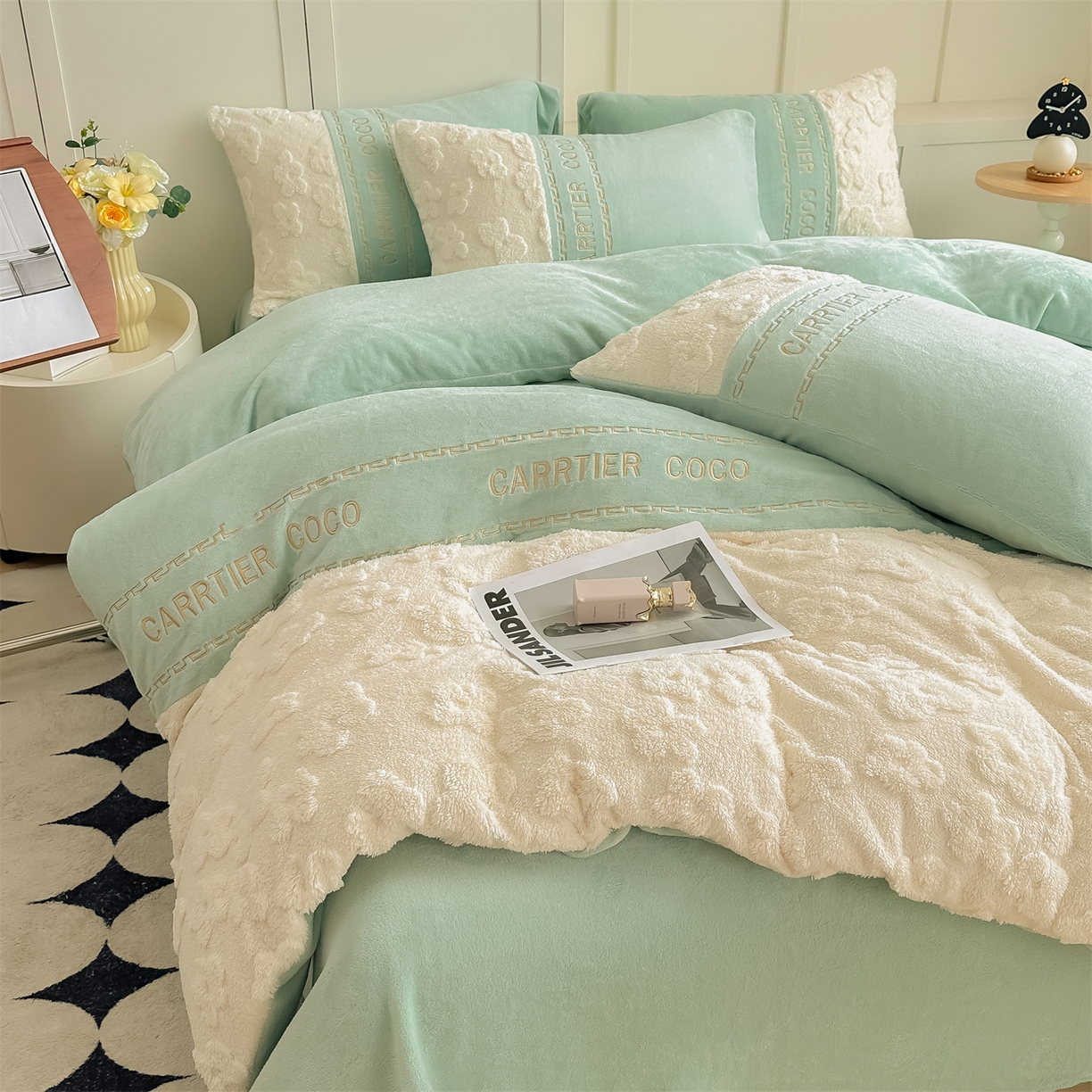 91家纺网 家纺一手货源 找家纺 灰鲸 2025新款牛奶绒拼接刺绣四件套-安娜 安娜-抹茶绿