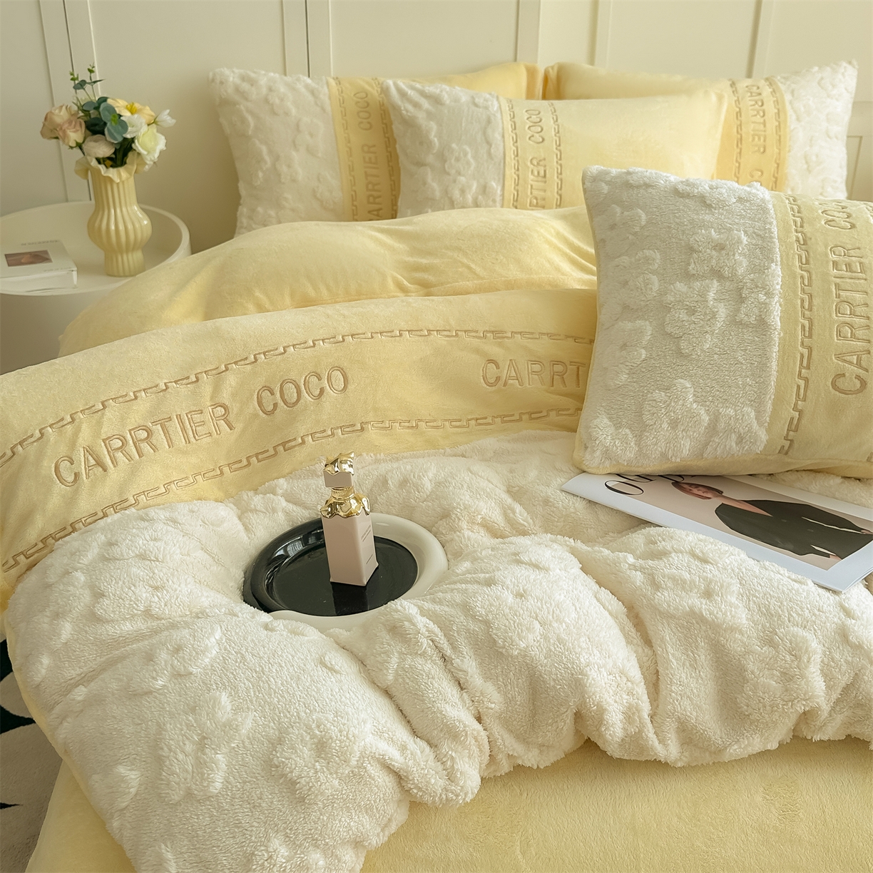 灰鲸 2025新款牛奶绒拼接刺绣四件套-安娜 安娜-奶黄