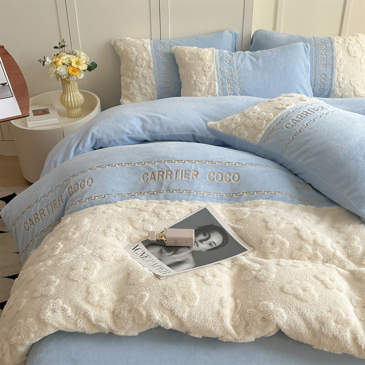 91家纺网 家纺一手货源 找家纺 灰鲸 2025新款牛奶绒拼接刺绣四件套-安娜 安娜-繁星蓝