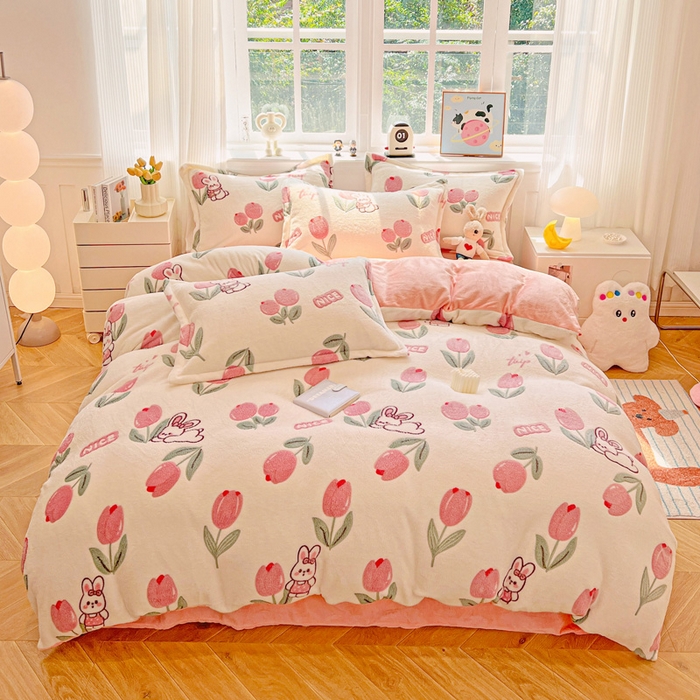 91家纺网 家纺一手货源 找家纺 韩巢家纺 2025新款高克重雪花绒牛奶绒四件套 郁金香