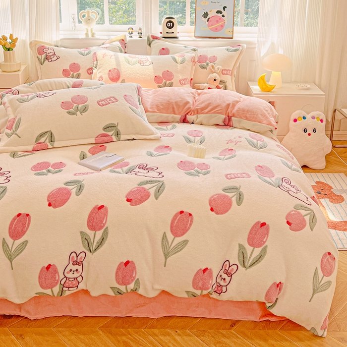 91家纺网 家纺一手货源 找家纺 韩巢家纺 2025新款高克重雪花绒牛奶绒四件套 郁金香