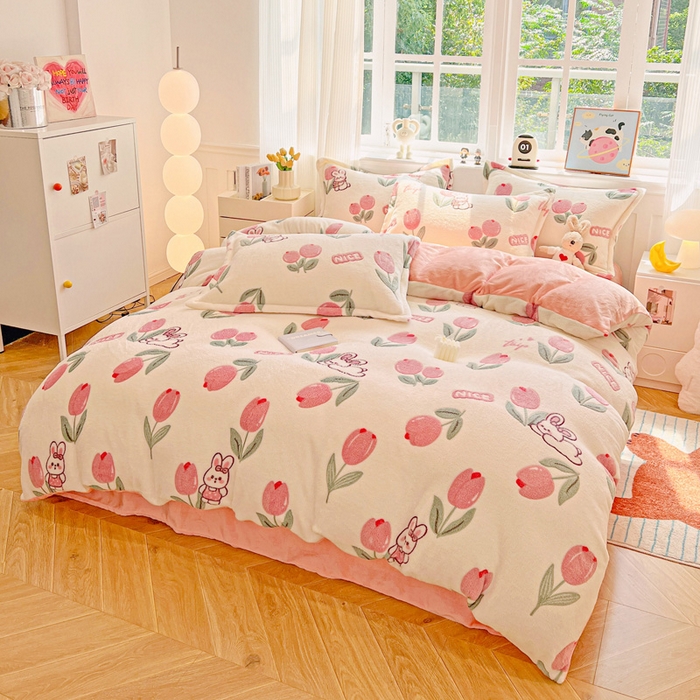 91家纺网 家纺一手货源 找家纺 韩巢家纺 2025新款高克重雪花绒牛奶绒四件套 郁金香