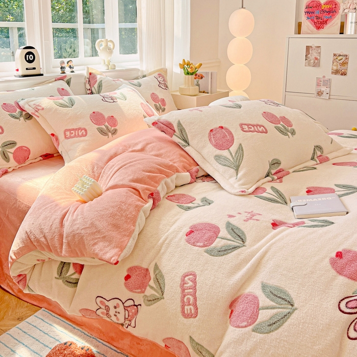 91家纺网 家纺一手货源 找家纺 韩巢家纺 2025新款高克重雪花绒牛奶绒四件套 郁金香