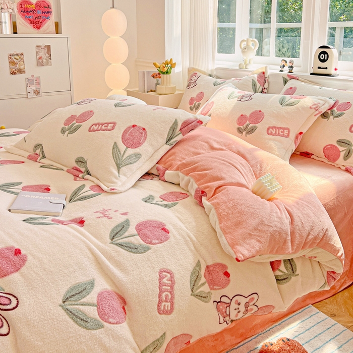 91家纺网 家纺一手货源 找家纺 韩巢家纺 2025新款高克重雪花绒牛奶绒四件套 郁金香