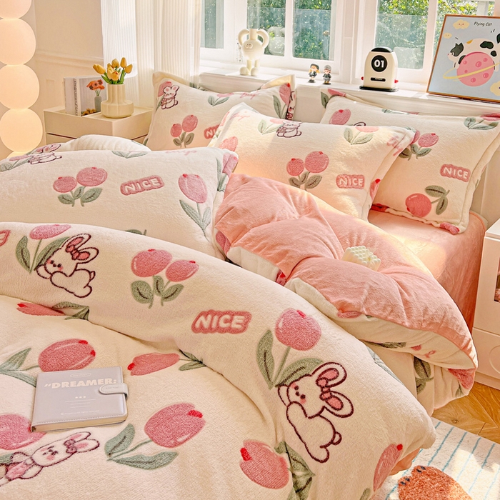 91家纺网 家纺一手货源 找家纺 韩巢家纺 2025新款高克重雪花绒牛奶绒四件套 郁金香