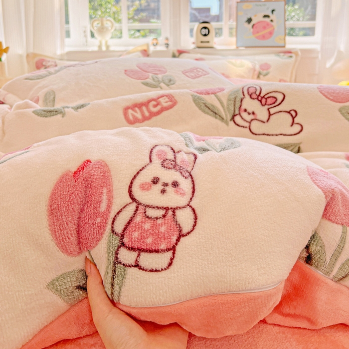 91家纺网 家纺一手货源 找家纺 韩巢家纺 2025新款高克重雪花绒牛奶绒四件套 郁金香