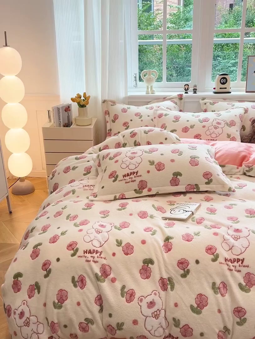 91家纺网 家纺一手货源 找家纺 韩巢家纺 2025新款高克重雪花绒牛奶绒四件套 郁金香