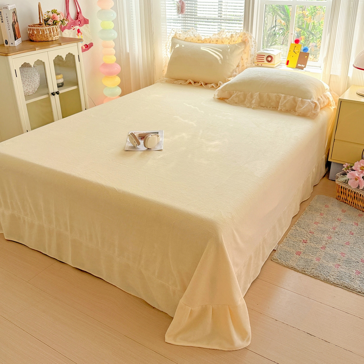 91家纺网 家纺一手货源 找家纺 鑫利来家纺 2025新款法式蕾丝花边牛奶绒四件套韩版花边加厚牛奶绒四件套 倾城-奶黄