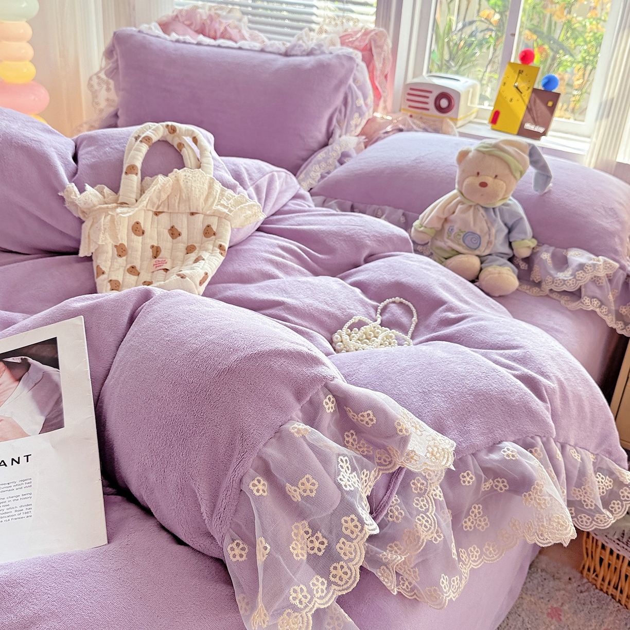 91家纺网 家纺一手货源 找家纺 鑫利来家纺 2025新款法式蕾丝花边牛奶绒四件套韩版花边加厚牛奶绒四件套 倾城-紫