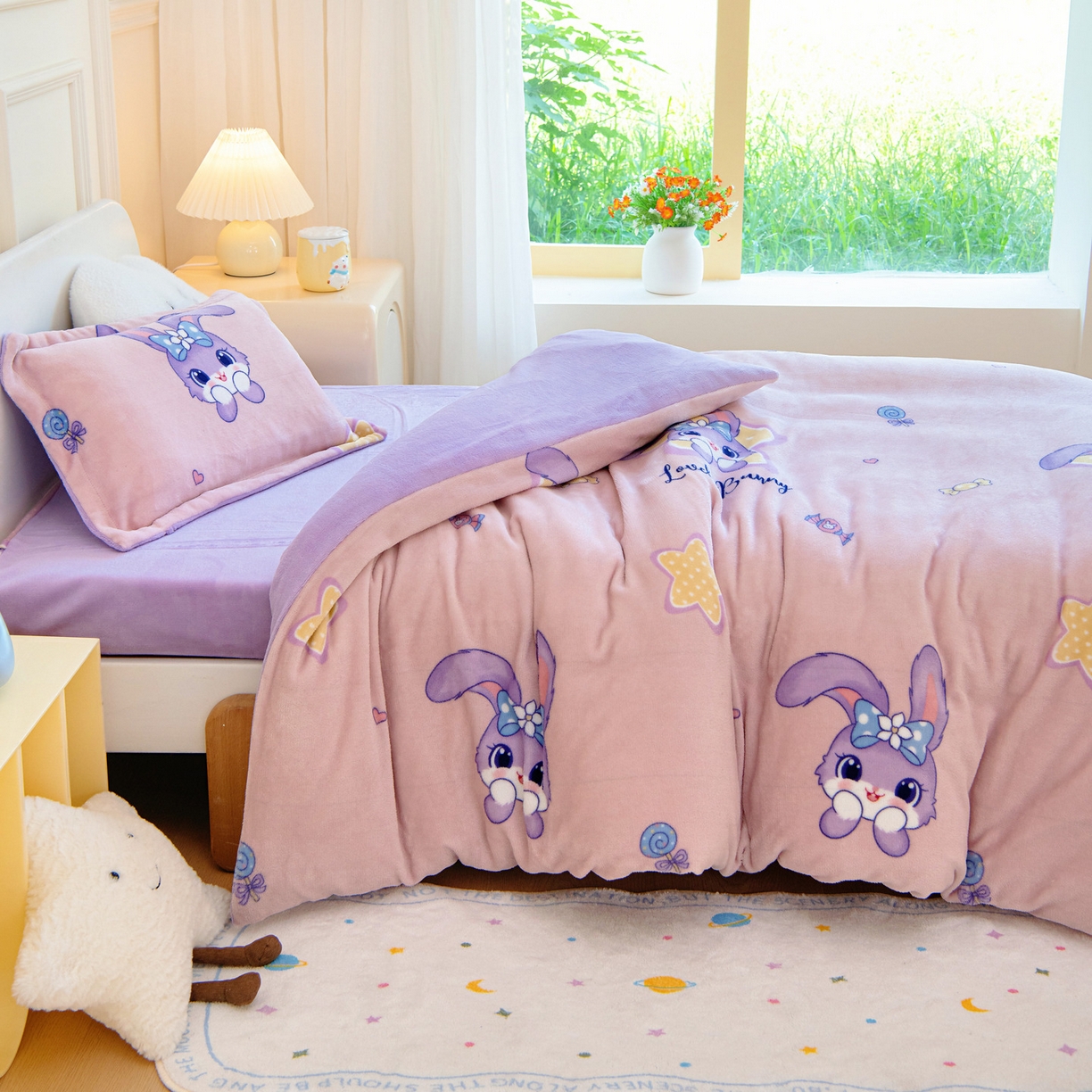 91家纺网 家纺一手货源 找家纺 梵赫 2025新款加厚牛奶绒被套被芯幼儿园被子系列 大耳朵兔兔