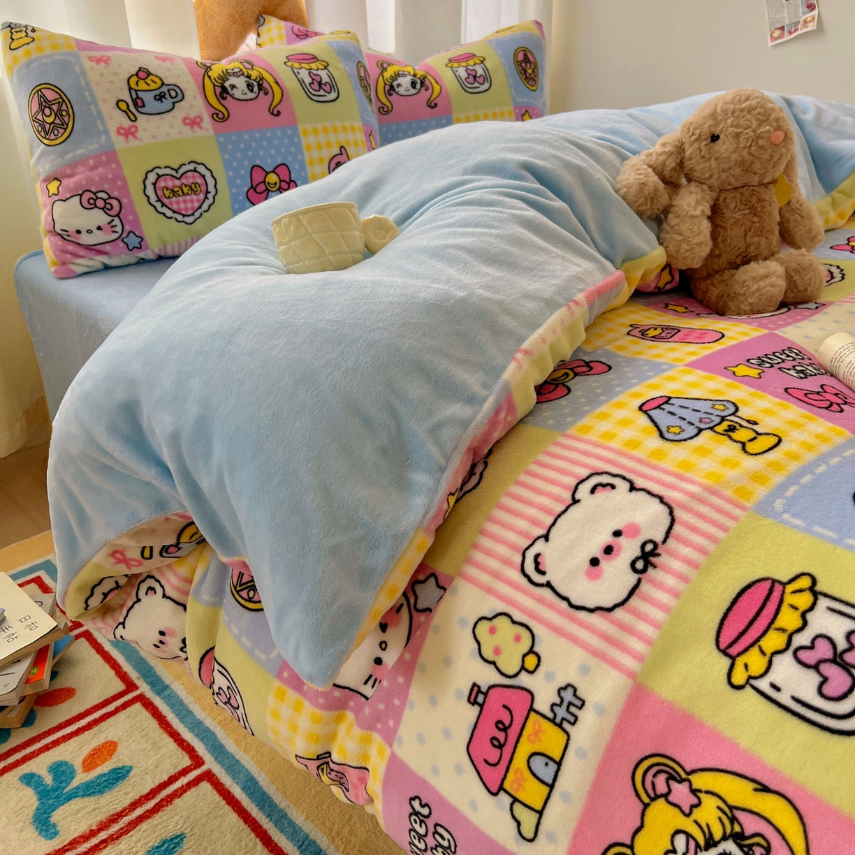 91家纺网 家纺一手货源 找家纺 繁花家居 2025新款小清新180克跑量款牛奶绒三件套四件套 小女孩