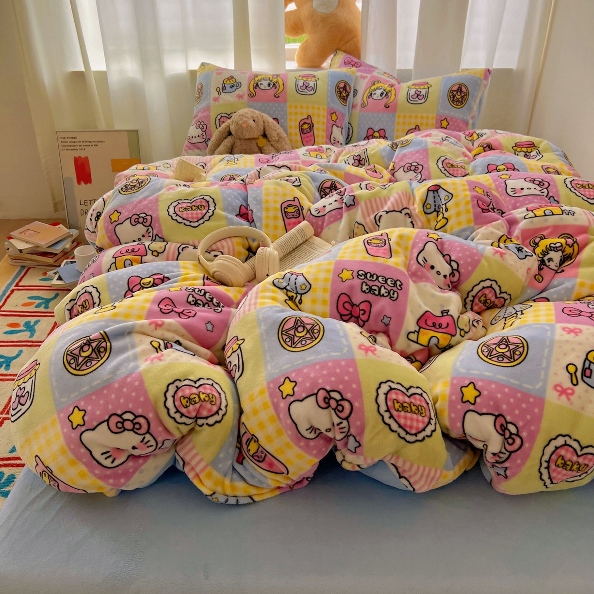 91家纺网 家纺一手货源 找家纺 繁花家居 2025新款小清新180克跑量款牛奶绒三件套四件套 小女孩