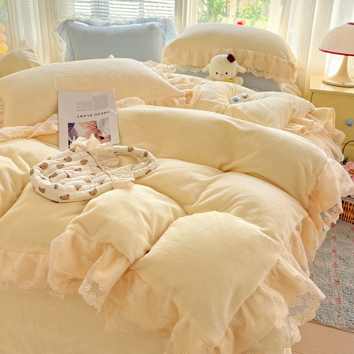 91家纺网 家纺一手货源 找家纺 （总）逸林家纺《原希尔顿逸林》 2025新款法式蕾丝花边牛奶绒四件套韩版花边加厚牛奶绒四件套