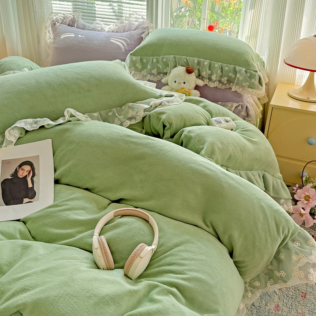 91家纺网 家纺一手货源 找家纺 （总）逸林家纺《原希尔顿逸林》 2025新款法式蕾丝花边牛奶绒四件套韩版花边加厚牛奶绒四件套