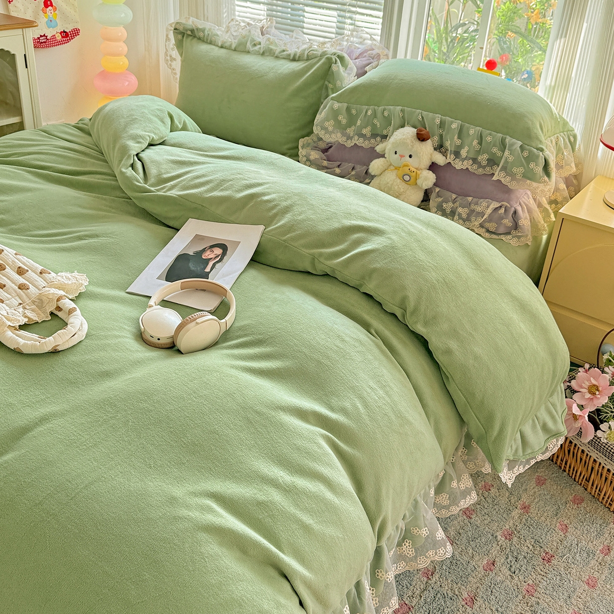 91家纺网 家纺一手货源 找家纺 （总）逸林家纺《原希尔顿逸林》 2025新款法式蕾丝花边牛奶绒四件套韩版花边加厚牛奶绒四件套