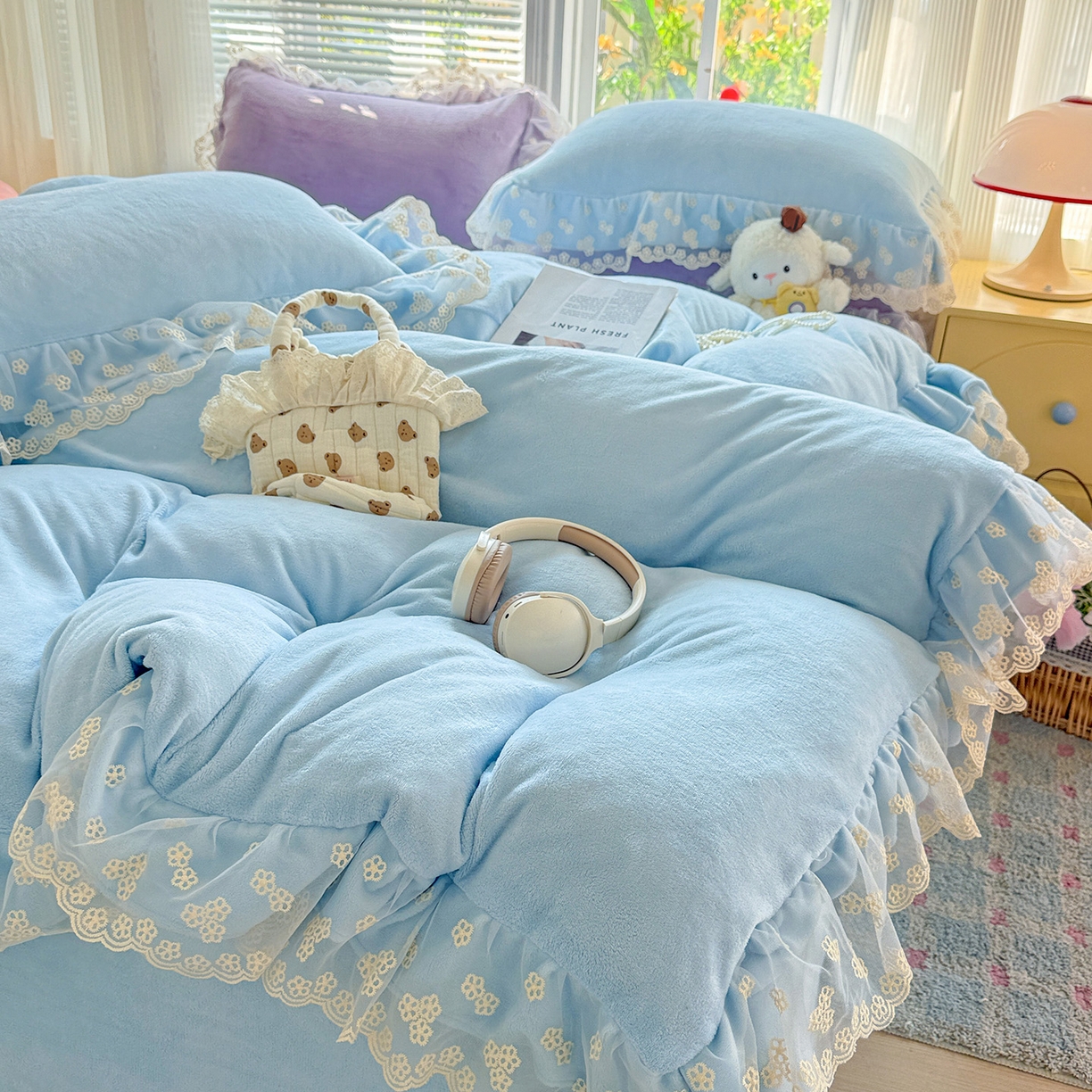 91家纺网 家纺一手货源 找家纺 （总）逸林家纺《原希尔顿逸林》 2025新款法式蕾丝花边牛奶绒四件套韩版花边加厚牛奶绒四件套