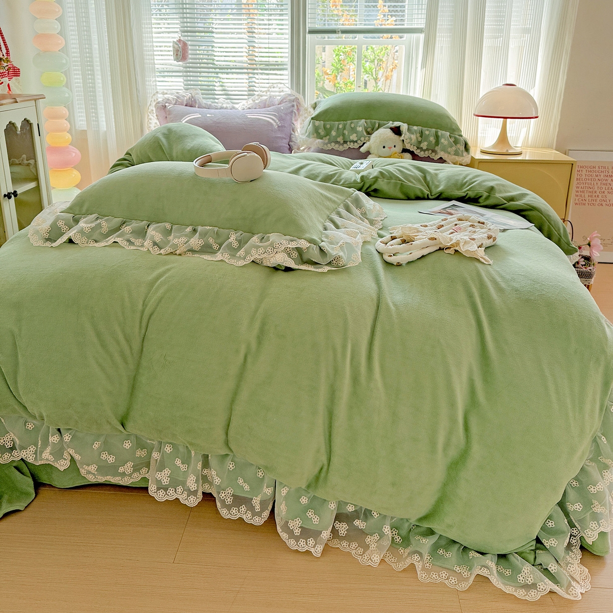 91家纺网 家纺一手货源 找家纺 （总）逸林家纺《原希尔顿逸林》 2025新款法式蕾丝花边牛奶绒四件套韩版花边加厚牛奶绒四件套