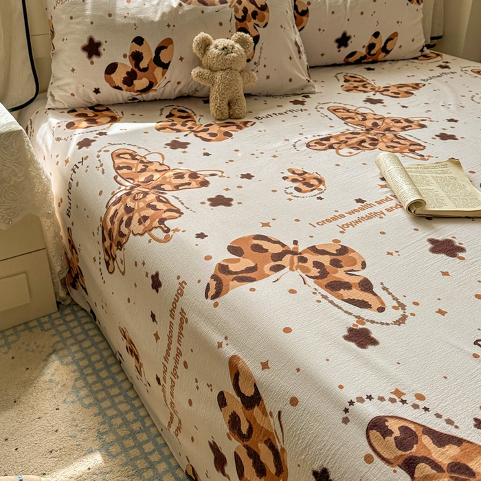 91家纺网 家纺一手货源 找家纺 花伞家居 2025新款印花双层纱单床单床笠（提供买家秀） 豹纹蝴蝶