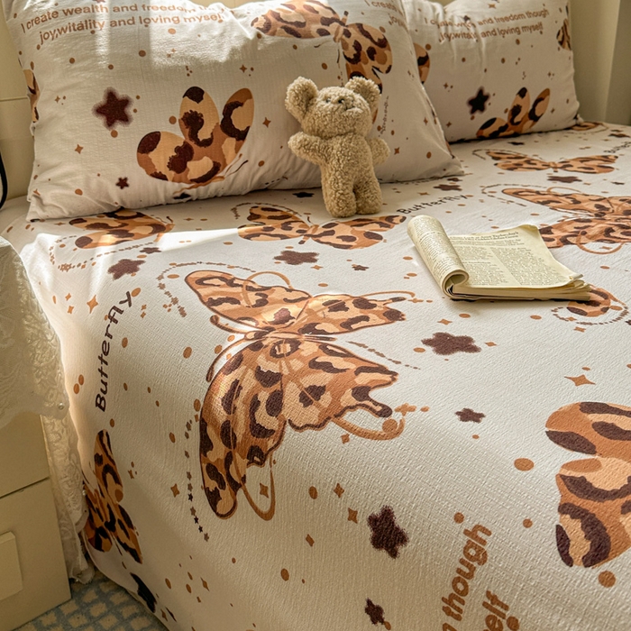 91家纺网 家纺一手货源 找家纺 花伞家居 2025新款印花双层纱单床单床笠（提供买家秀） 豹纹蝴蝶