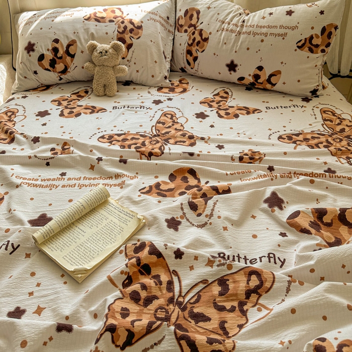 91家纺网 家纺一手货源 找家纺 花伞家居 2025新款印花双层纱单床单床笠（提供买家秀） 豹纹蝴蝶