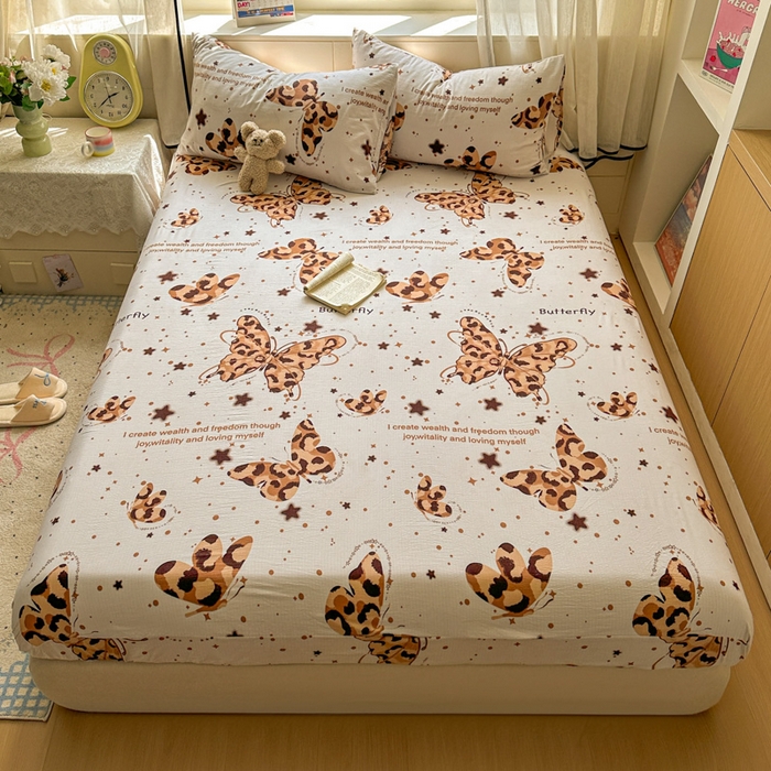 91家纺网 家纺一手货源 找家纺 花伞家居 2025新款印花双层纱单床单床笠（提供买家秀） 豹纹蝴蝶