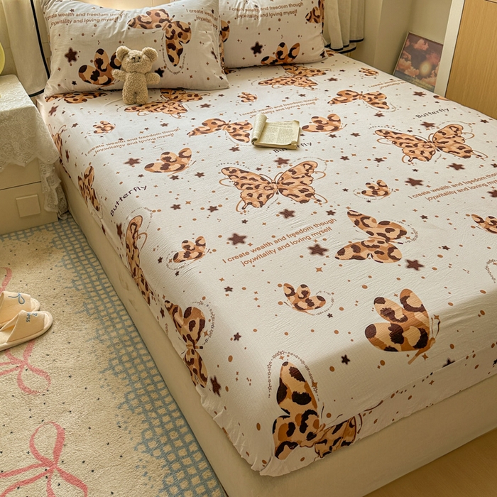 91家纺网 家纺一手货源 找家纺 花伞家居 2025新款印花双层纱单床单床笠（提供买家秀） 豹纹蝴蝶