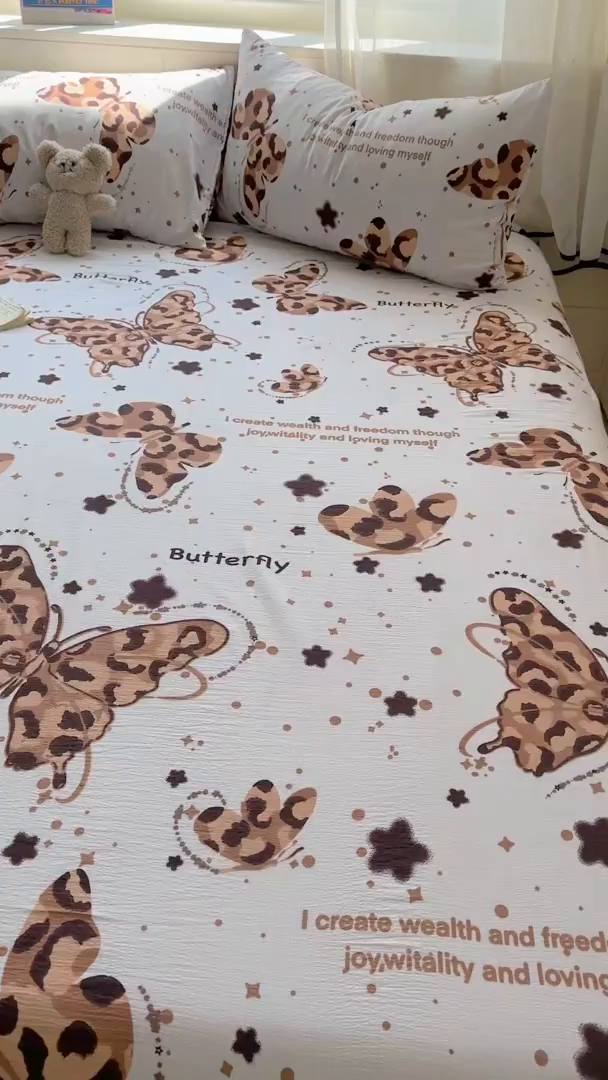 91家纺网 家纺一手货源 找家纺 花伞家居 2025新款印花双层纱单床单床笠（提供买家秀） 豹纹蝴蝶
