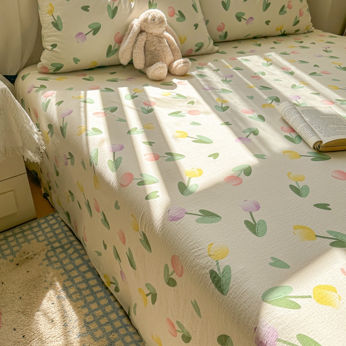 91家纺网 家纺一手货源 找家纺 花伞家居 2025新款印花双层纱单床单床笠（提供买家秀） 彩色郁金香