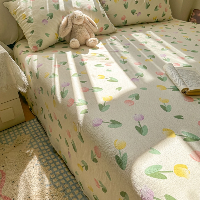 91家纺网 家纺一手货源 找家纺 花伞家居 2025新款印花双层纱单床单床笠（提供买家秀） 彩色郁金香