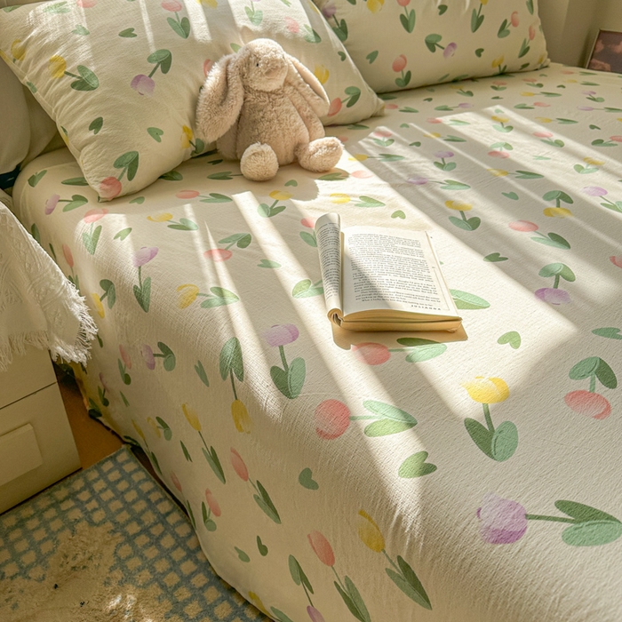 91家纺网 家纺一手货源 找家纺 花伞家居 2025新款印花双层纱单床单床笠（提供买家秀） 彩色郁金香